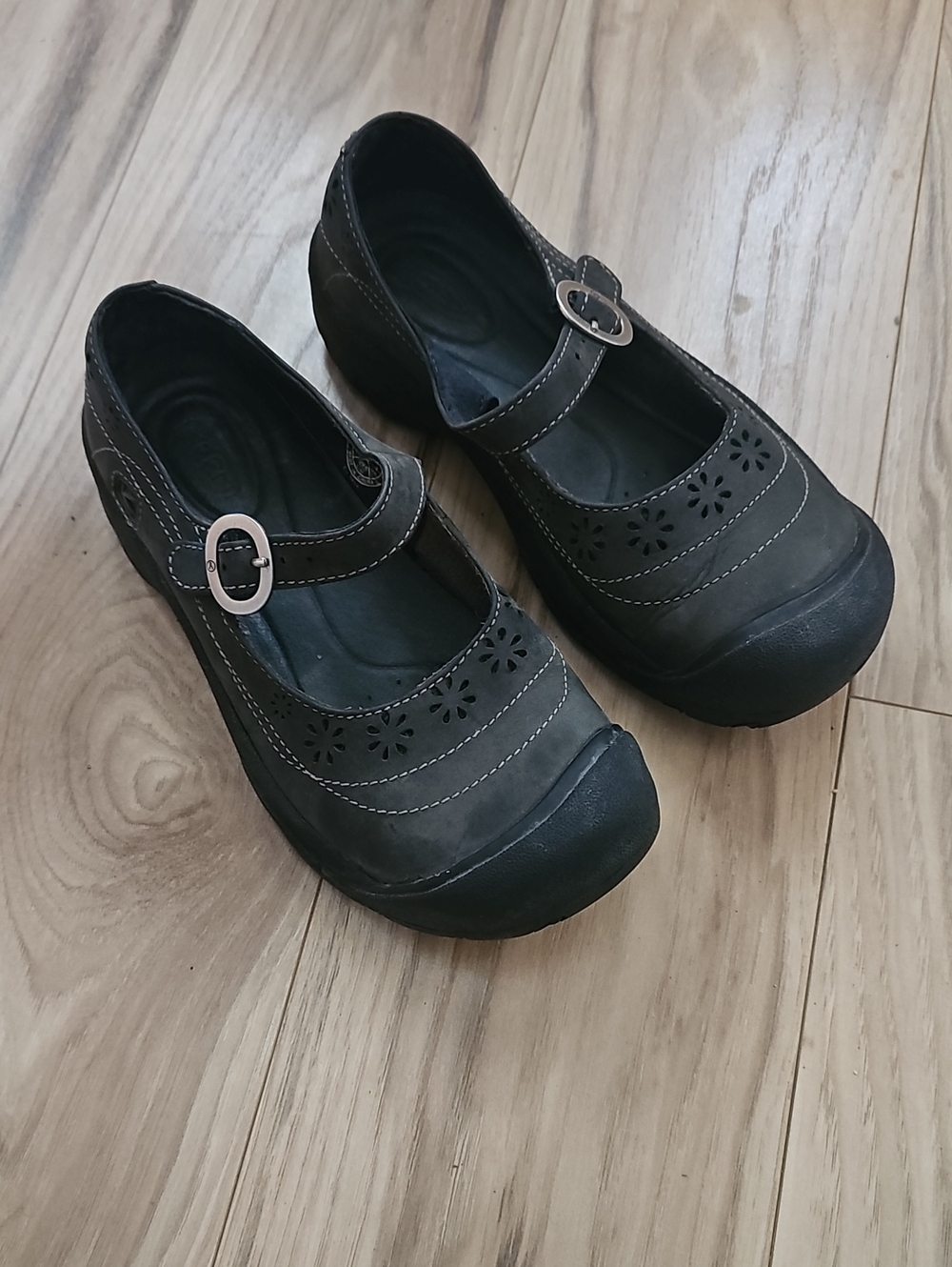KEEN Black Gray Mary Jane Shoes with Floral Cutouts